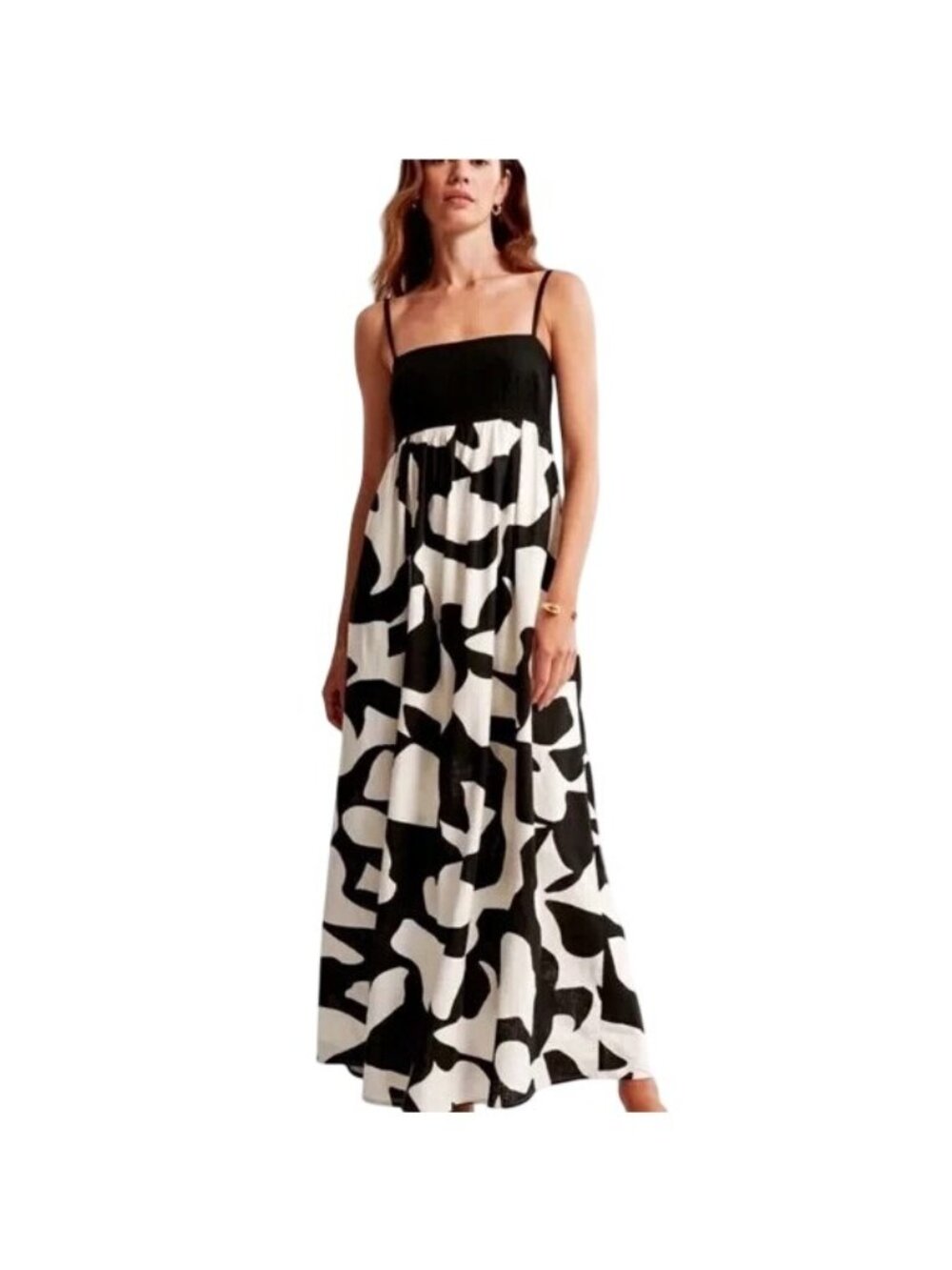 Abercrombie & Fitch Tie Back Babydoll Maxi Dress Black/White Size L Coastal Boho